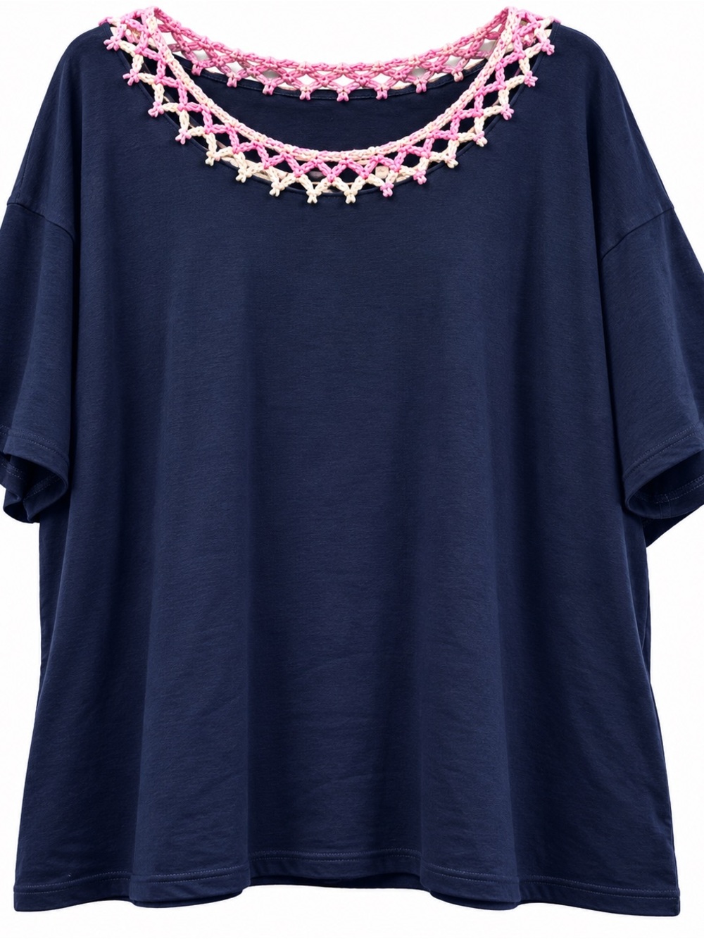 Navy Short Sleeve Top with Pink Crochet Neckline